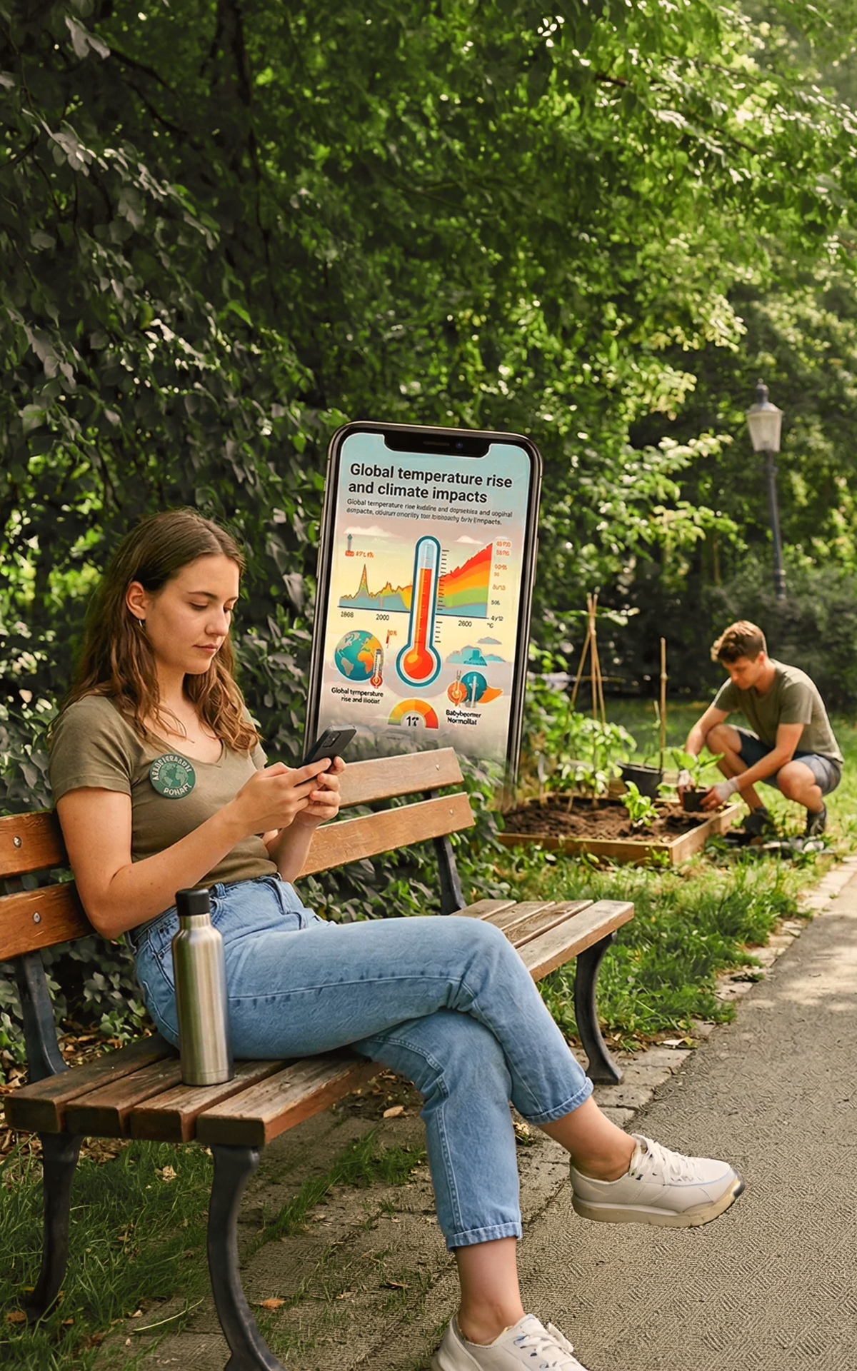 Junge Frau liest in einem Gemeinschaftsgarten Informationen zur Klimaerwärmung