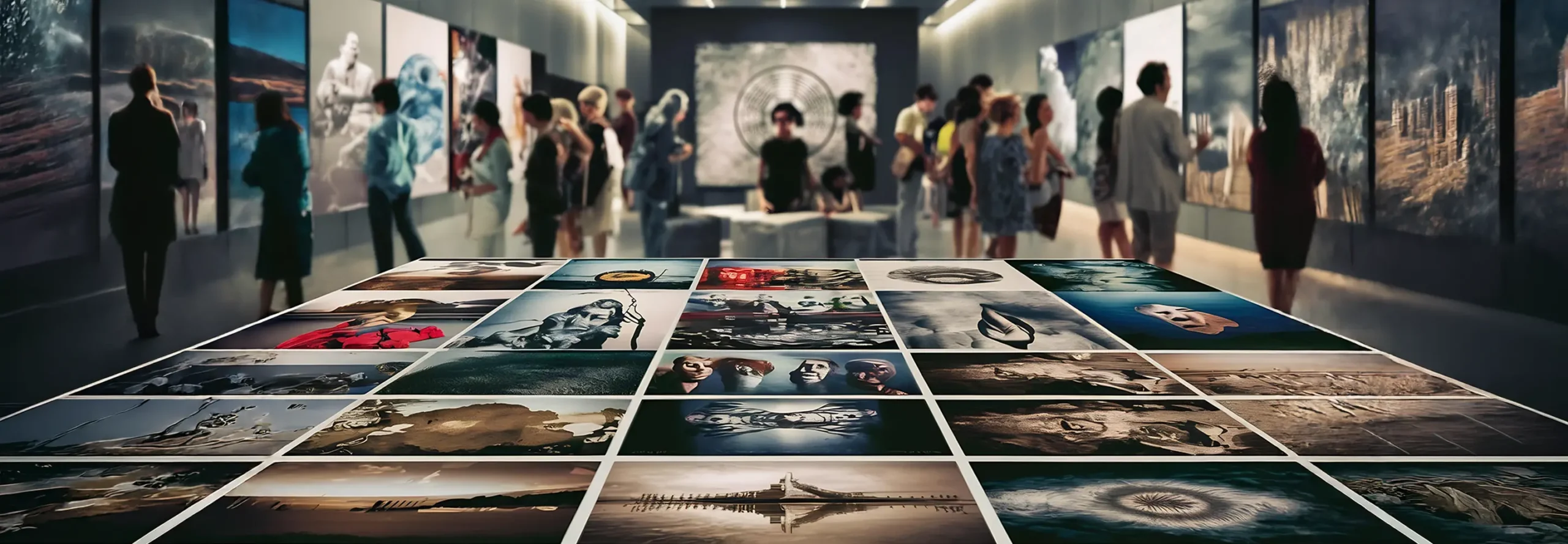 Besucherinnen und Besucher in einer Ausstellung mit Fotografien auf dem Boden