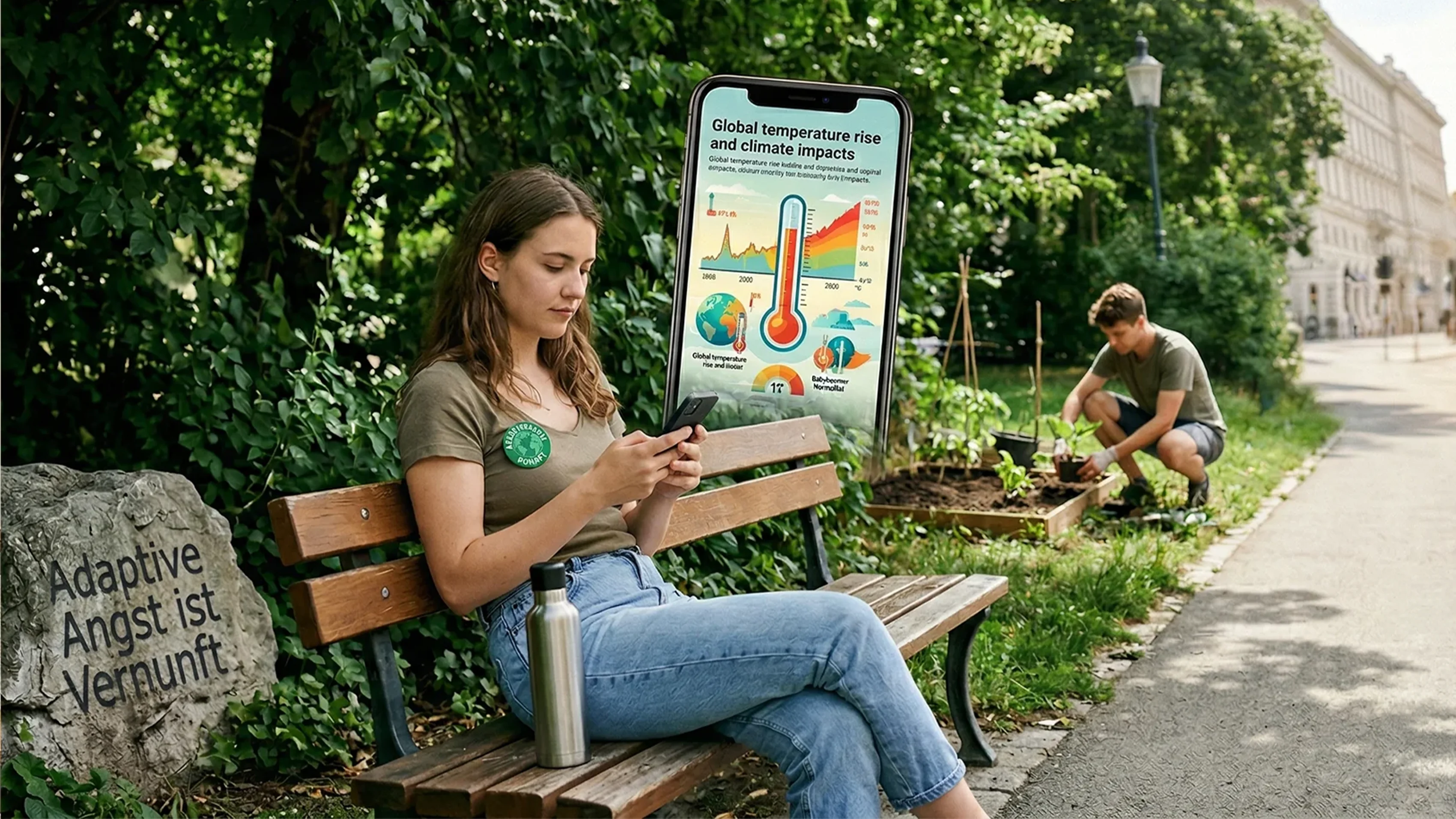 Junge Frau sitzt mit Smartphone auf einer Parkbank neben einem Plakat zur Erderwärmung