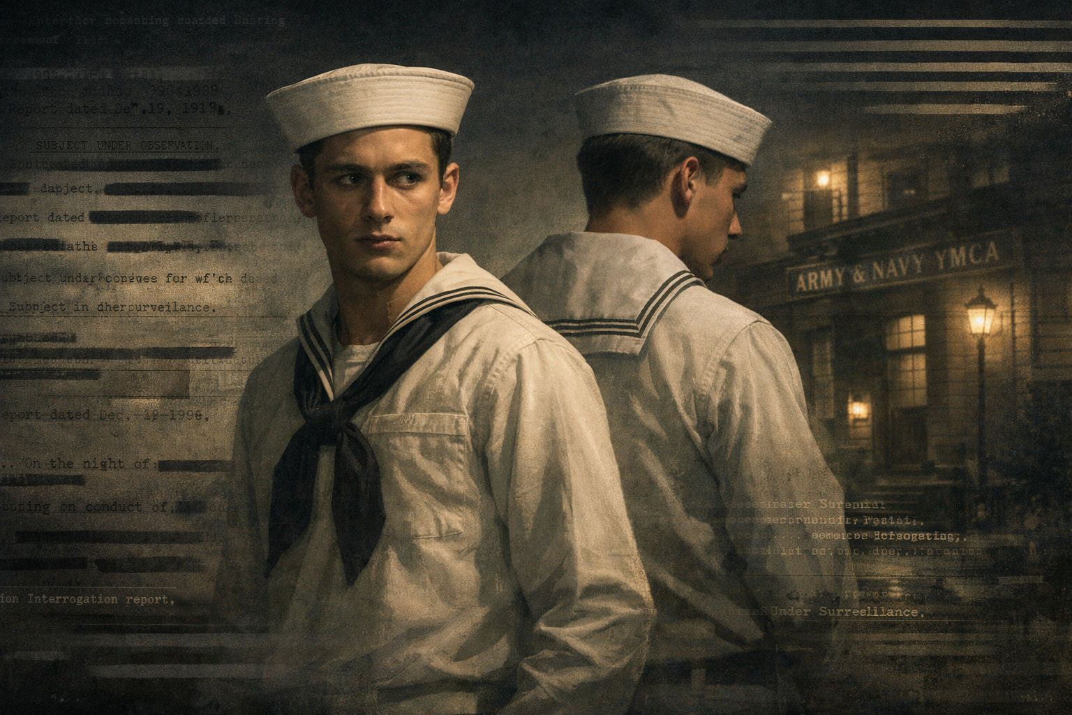 Zwei Matrosen in Uniform vor einem YMCA Gebäude im Newport des Jahres 1919