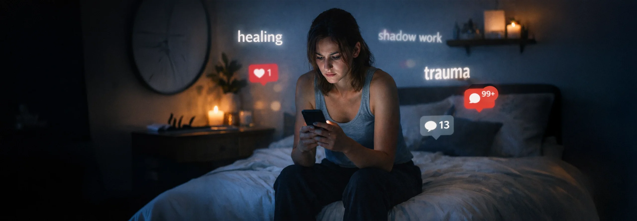 Frau sitzt nachts auf einem Bett und blickt auf ihr Smartphone