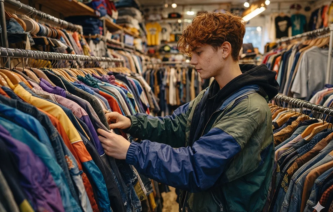 Junge Person sucht in einem Wiener Secondhandladen zwischen farbigen Jacken