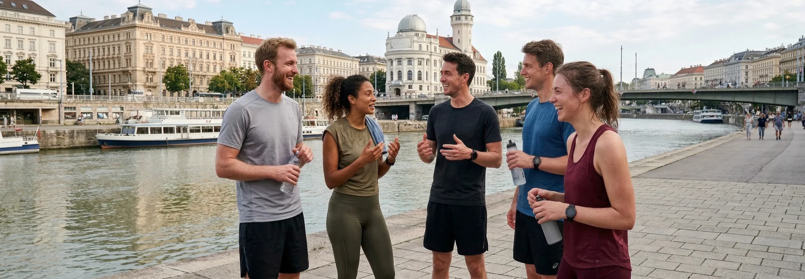 Fünf Menschen in Sportkleidung im Gespräch am Wasser in Wien