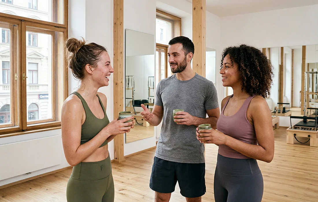 Drei Mitglieder unterhalten sich nach dem Training in einem hellen Wiener Fitnessstudio