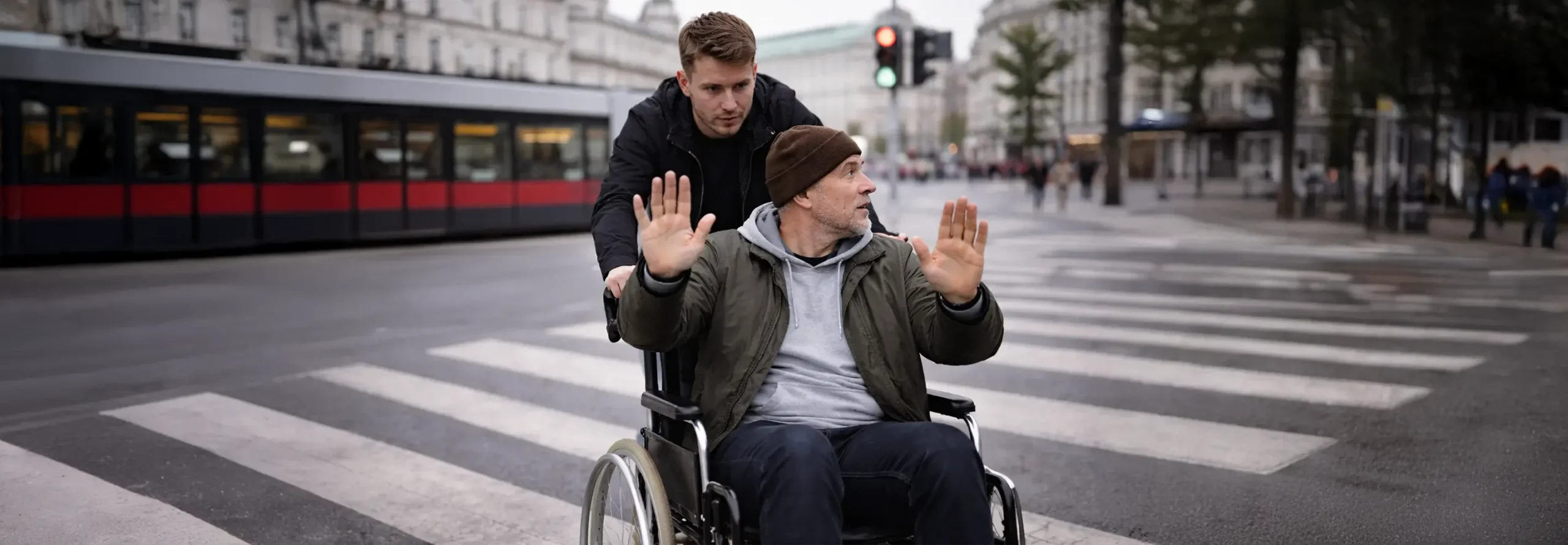 Person im Rollstuhl hebt auf einem Wiener Zebrastreifen beide Hände, eine Begleitperson steht dahinter