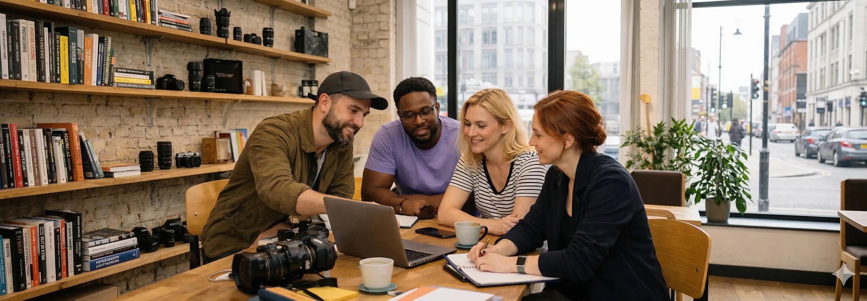 Vier Personen besprechen gemeinsam Unterlagen und Laptop in einem hellen Arbeitsraum