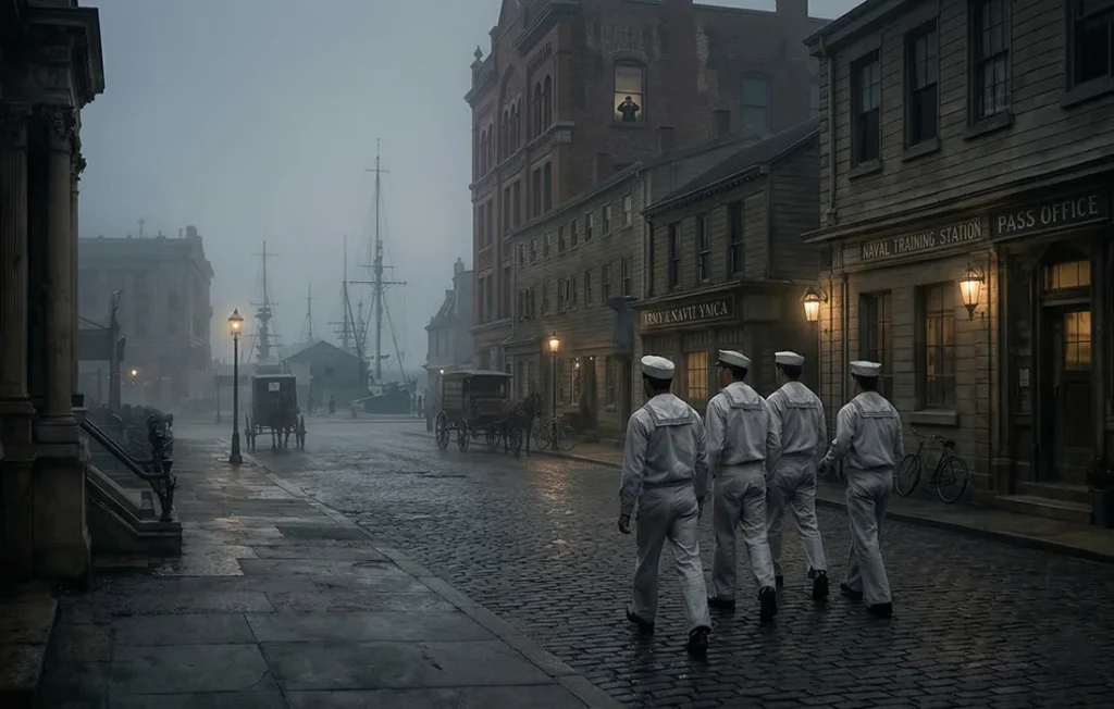 Gruppe von Matrosen geht bei Regen durch eine Straße im Newport des Jahres 1919