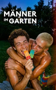 Two men sharing popsicles outdoors.