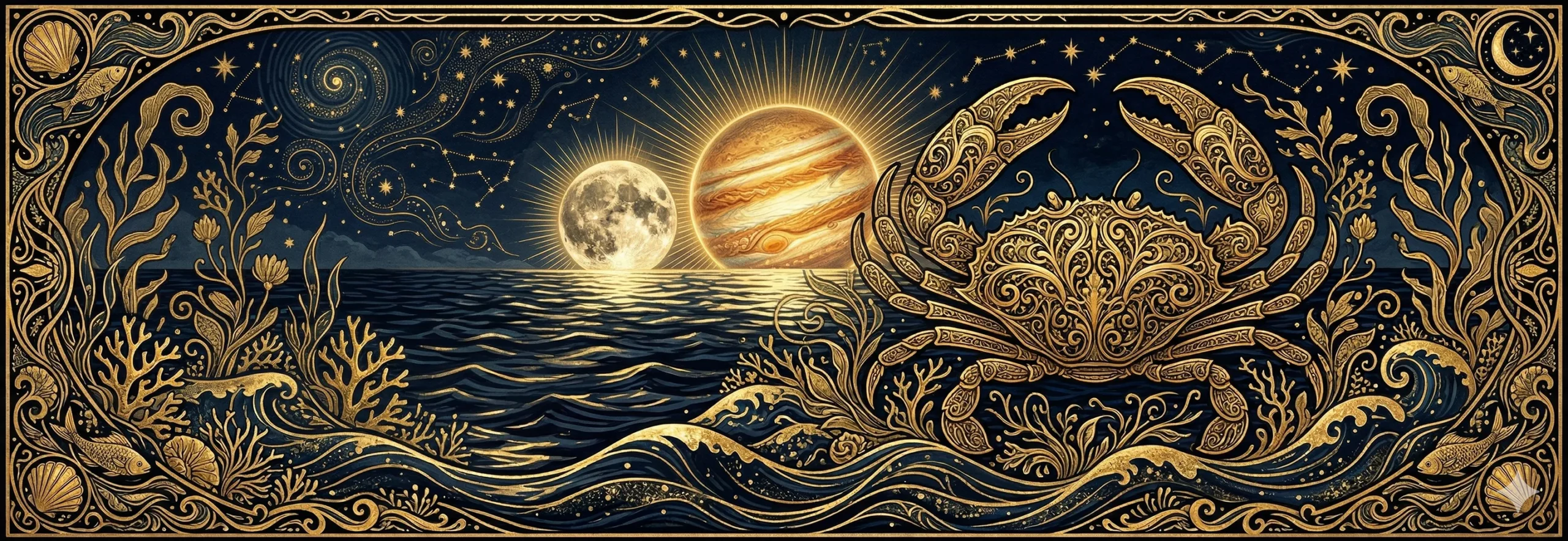 Mond und Jupiter in einer goldenen kosmischen Illustration