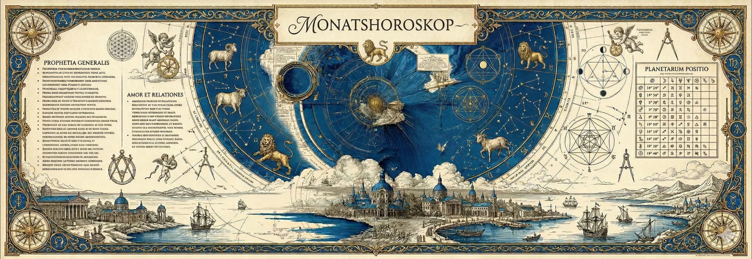 Illustriertes Monatshoroskop mit Tierkreis, Planetenkarten und Landschaft