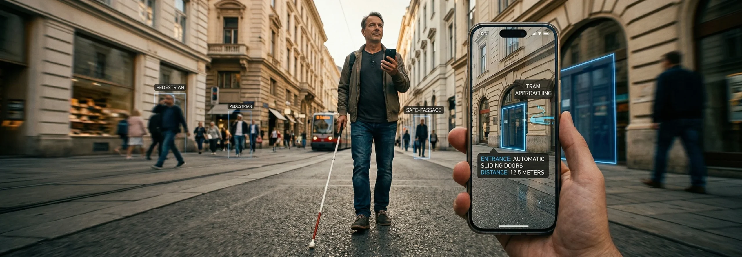 Blinder Mann mit Langstock und digitalem Assistenzsystem auf dem Smartphone