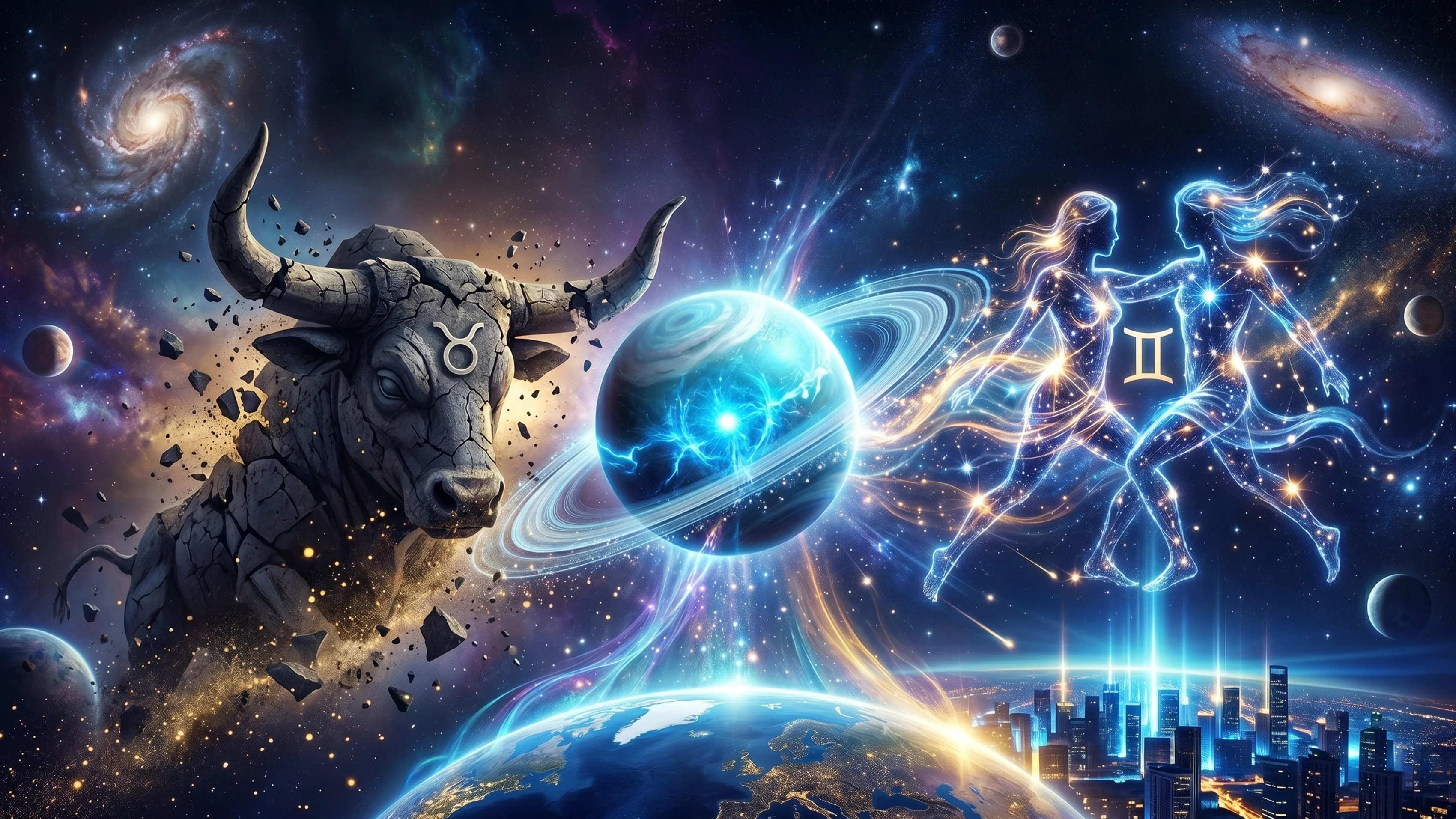 Zerfallender Stier, Planet Uranus und leuchtende Zwillinge über einer futuristischen Stadt