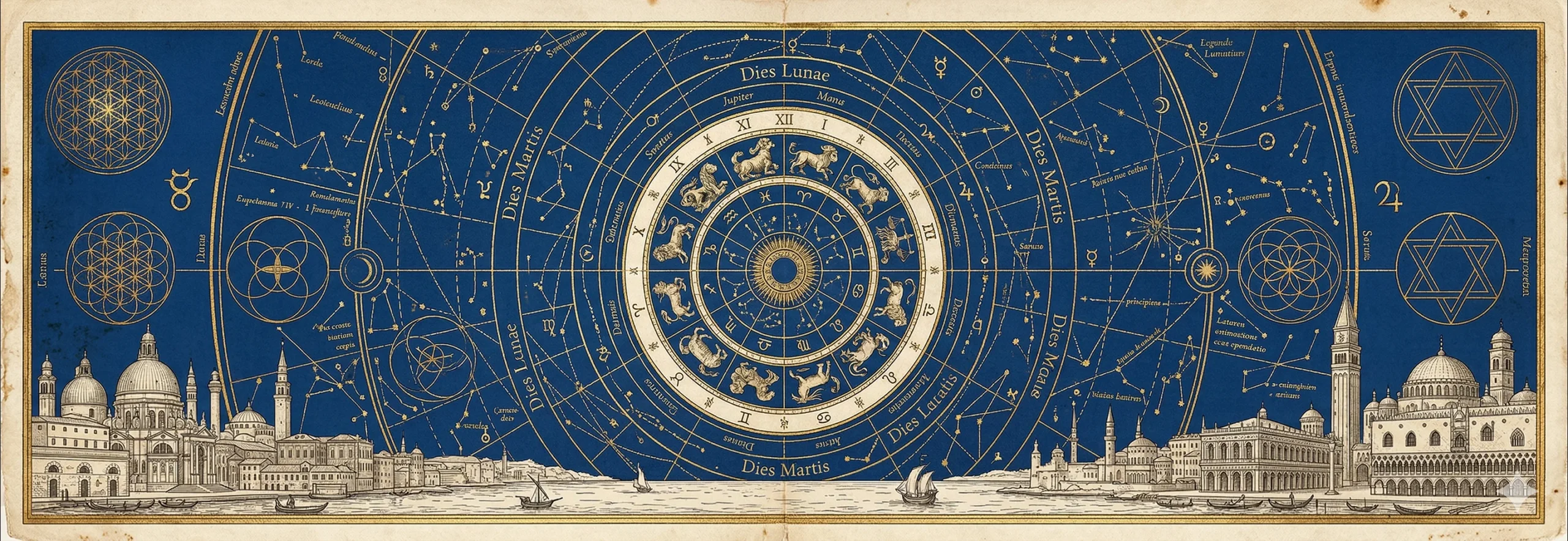 Astrologische Himmelskarte mit Tierkreis und historischen Stadtansichten