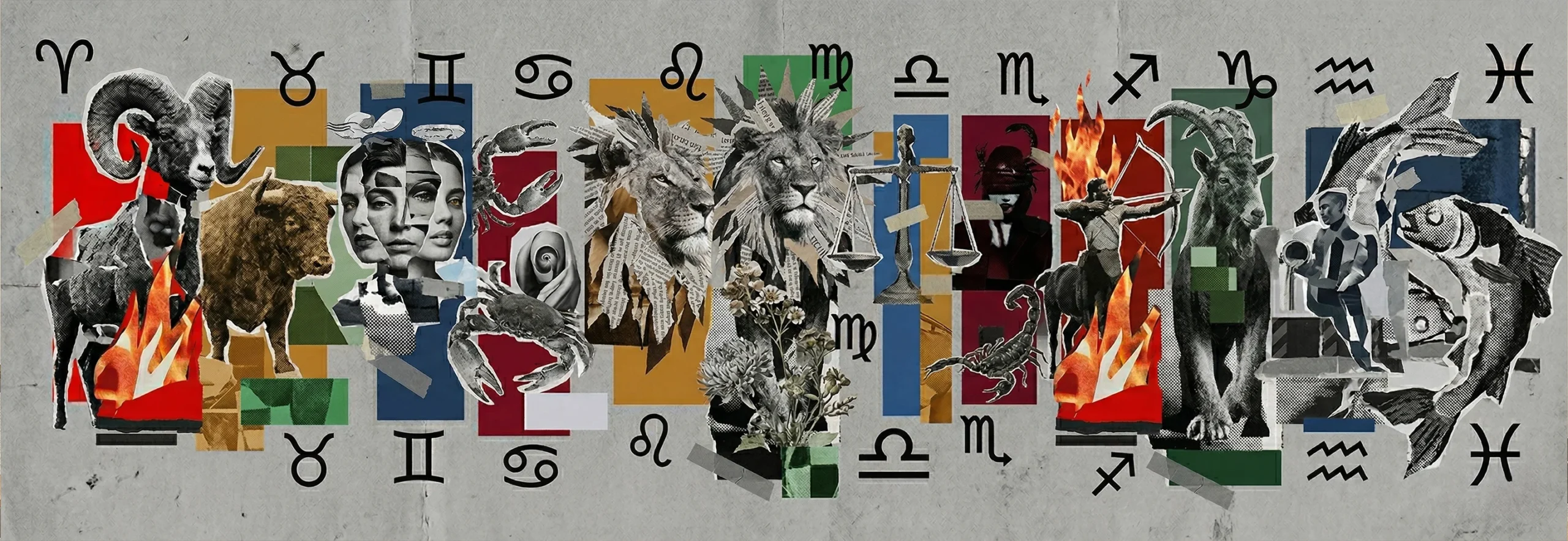 Collage der zwölf Tierkreiszeichen mit Figuren und Symbolen