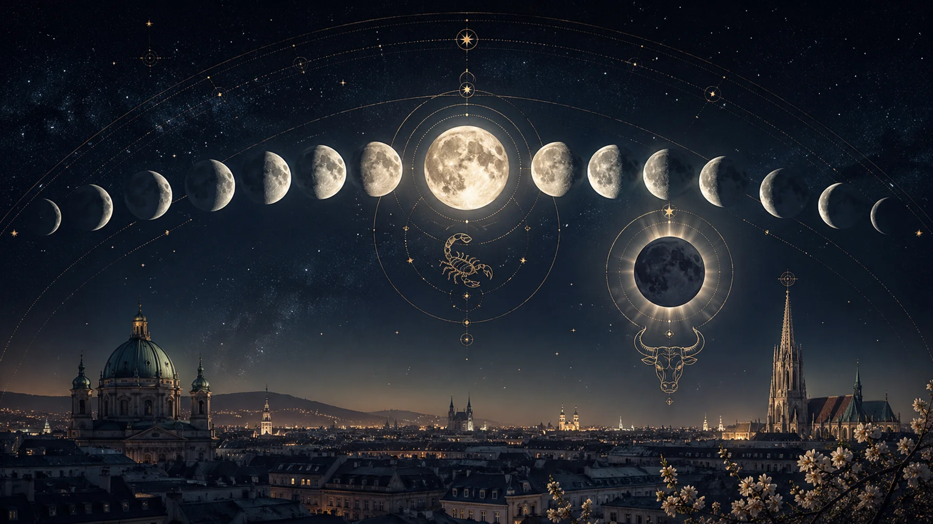 Mondphasen, Vollmond und Neumond mit Skorpion und Stier Symbolen über der Wiener Skyline