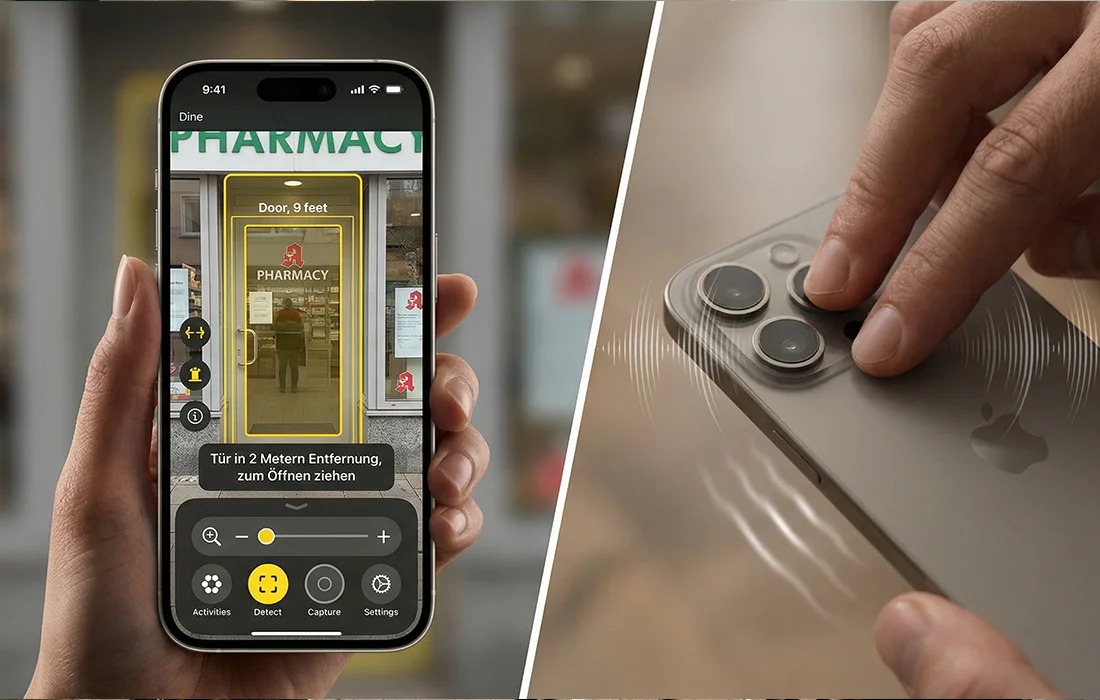 Smartphone erkennt einen Apothekeneingang, daneben ertastet eine Hand die Kameralinsen eines Mobiltelefons