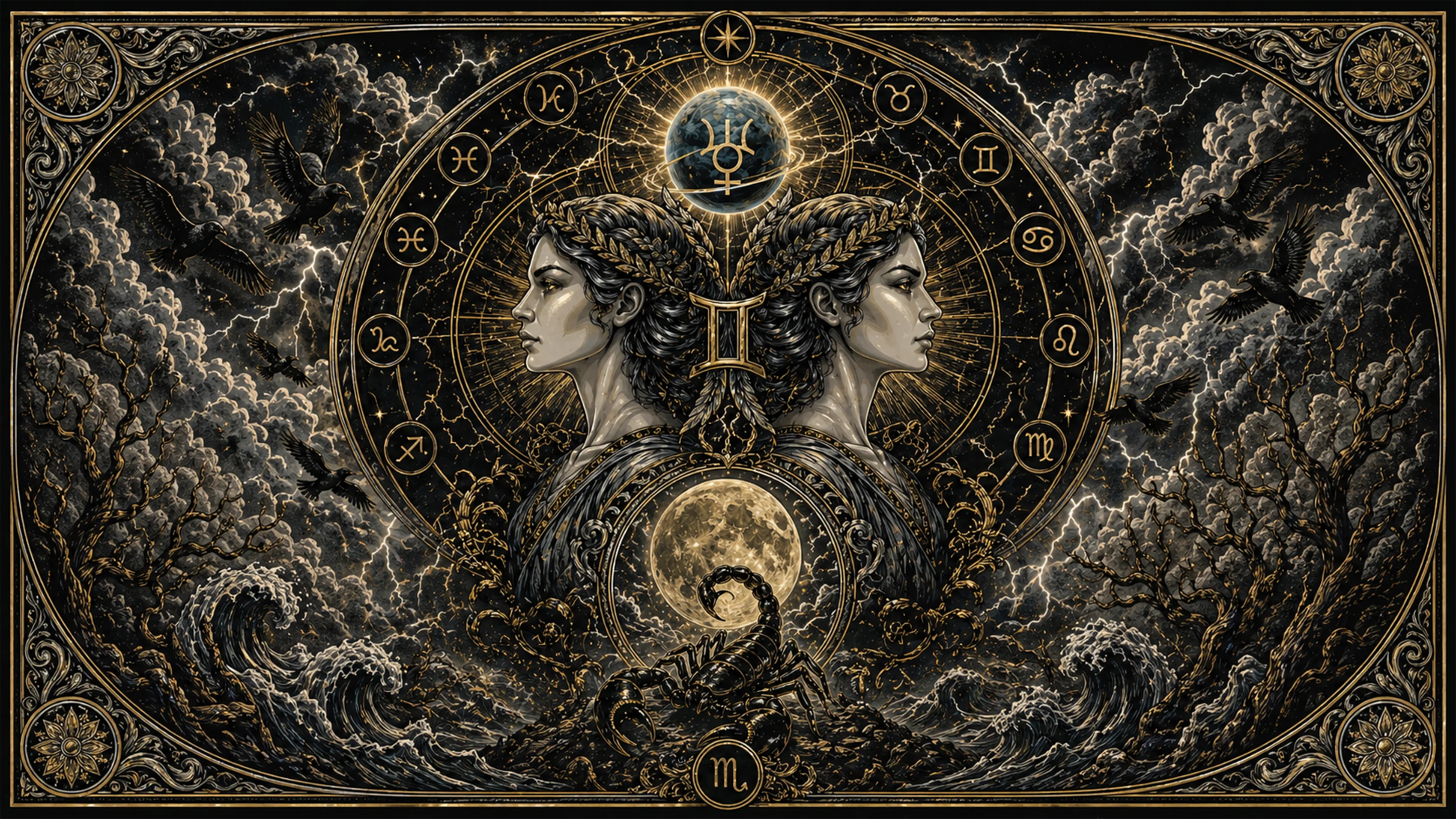 Ornamentale Illustration mit Zwillinge, Skorpion, Vollmond und stürmischen Wellen