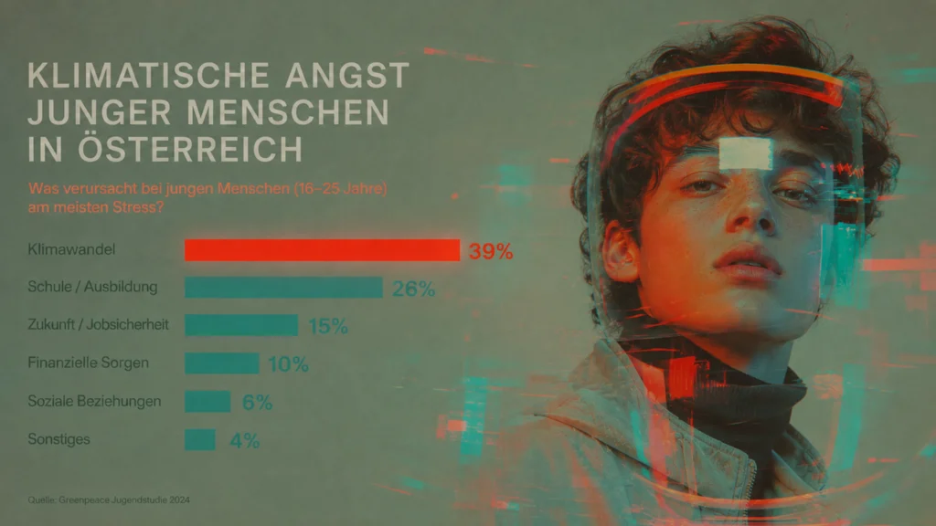 Balkendiagramm: 39 Prozent der jungen Menschen in Österreich nennen Klimanachrichten als Hauptstressfaktor.