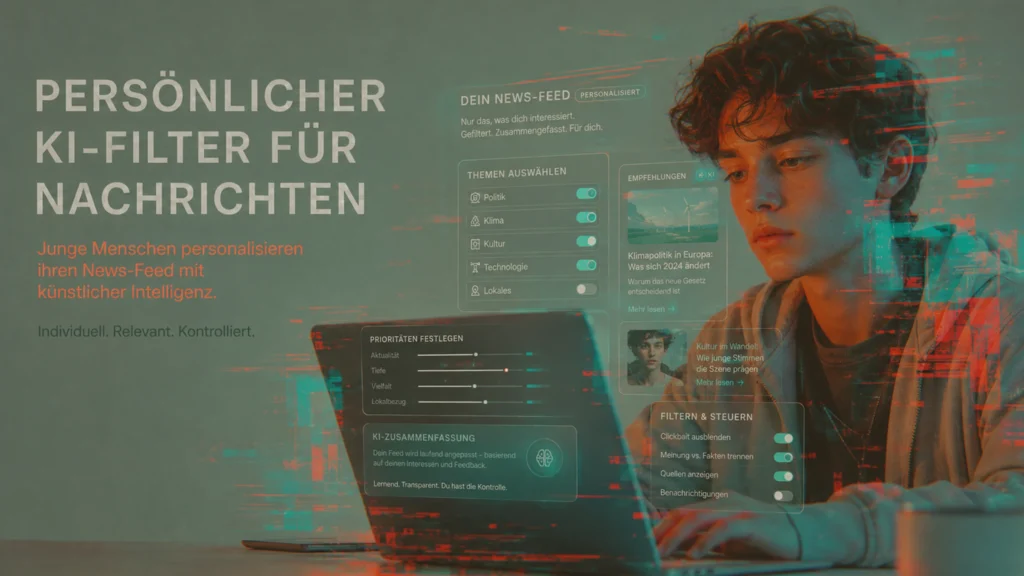 Junge Person konfiguriert am Laptop einen persönlichen KI-Filter für Klimanachrichten in Wien.
