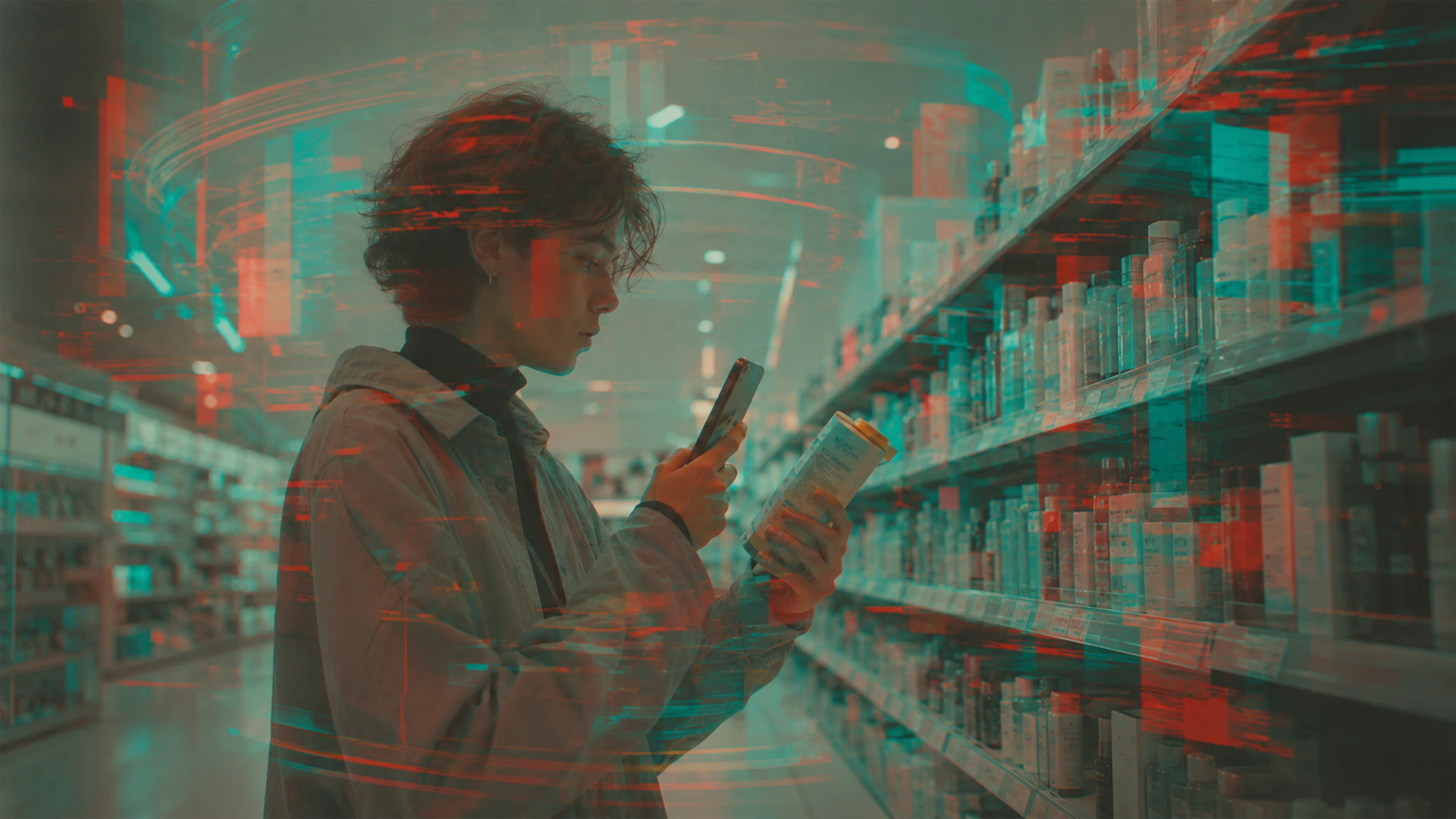 Junge Person scannt mit dem Smartphone die Verpackung eines Produkts in einem Wiener Geschäft.
