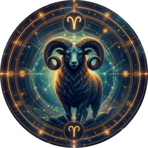 Widder mit astrologischen Symbolen in einem leuchtenden Tierkreis