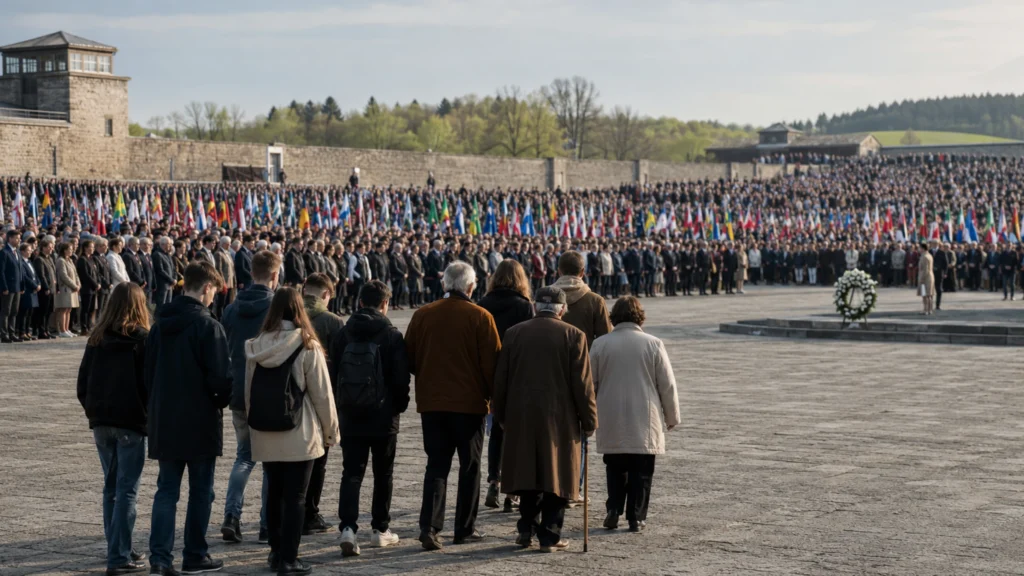 Internationale Gedenkfeier mit Fahnen und Kranz im ehemaligen KZ Mauthausen