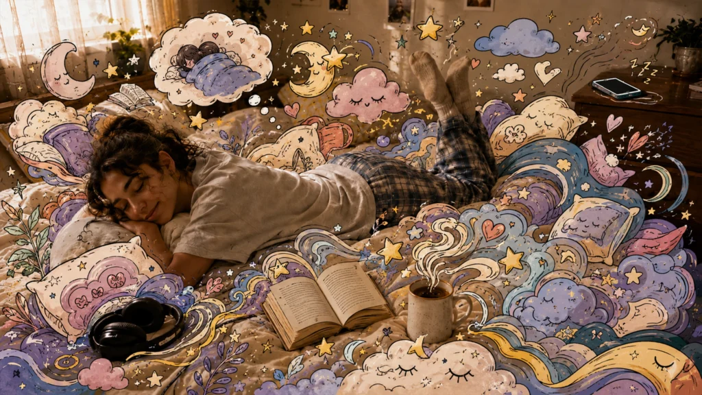 Junge Person ruht auf einem Bett zwischen Büchern, Kopfhörern und gezeichneten Traumwolken