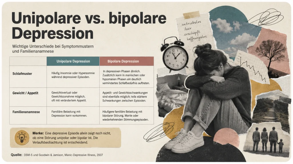 Infografik vergleicht Schlaf, Appetit und Familienanamnese bei unipolarer und bipolarer Depression