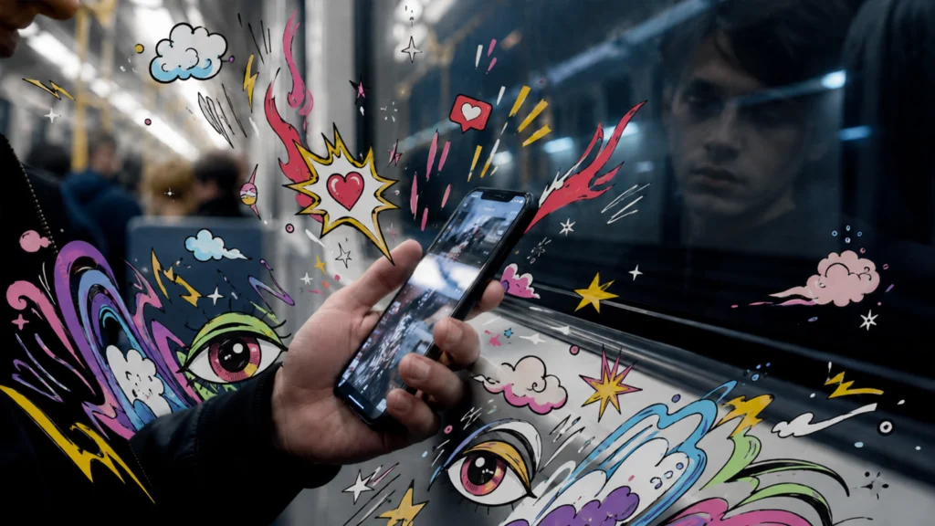 Hand mit Smartphone in öffentlichem Verkehrsmittel, endloser Social Media Feed sichtbar, müdes Gesicht im Fenster gespiegelt.
