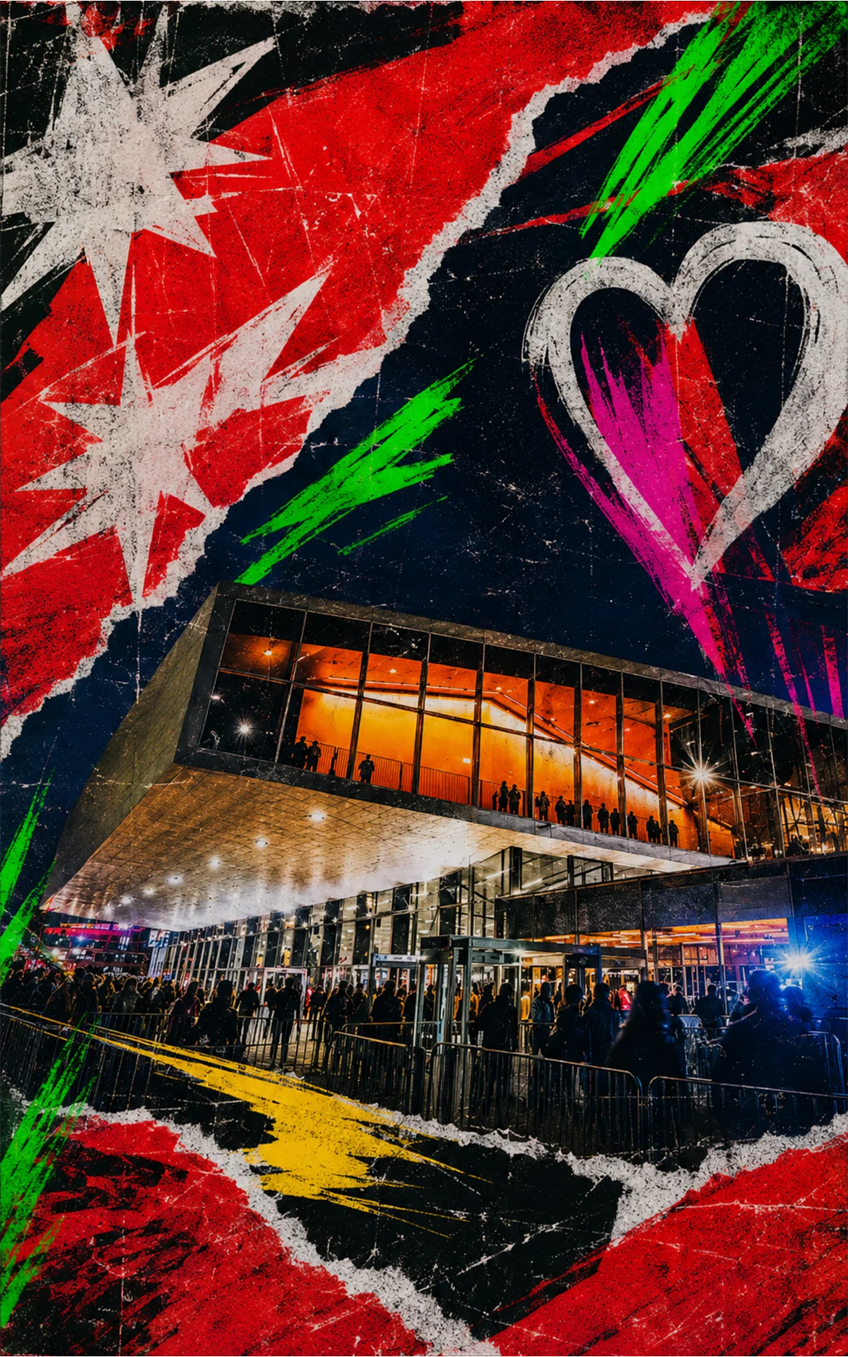 Beleuchtete Wiener Stadthalle bei Nacht während des ersten ESC-Halbfinales 2026 mit Eurovision-Branding.