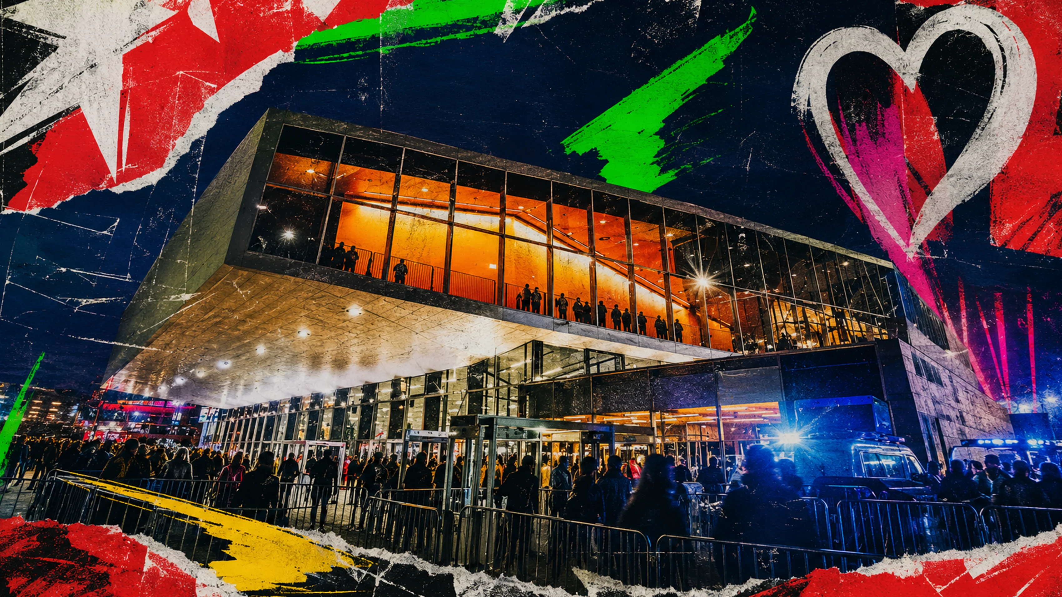 Beleuchtete Wiener Stadthalle bei Nacht während des ersten ESC-Halbfinales 2026 mit Eurovision-Branding.16-9