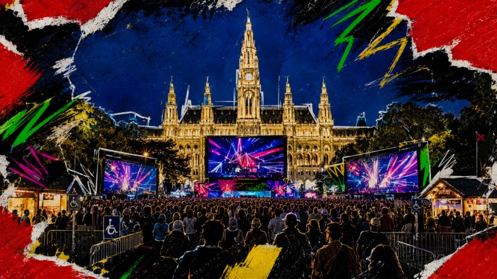 Eurovision Village mit großer Menschenmenge vor dem Wiener Rathaus bei Nacht