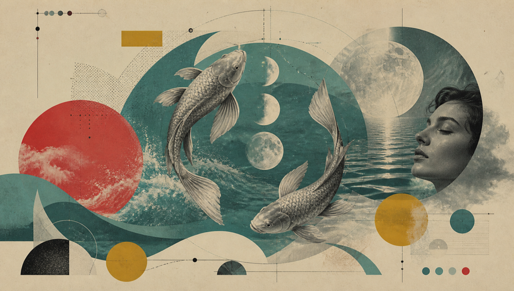 Collage für Fische mit zwei Fischen, Mondphasen, Meer und Frauenprofil