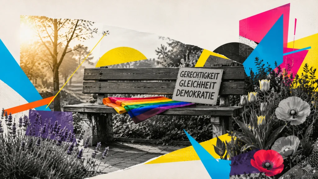 Regenbogenfahne und Schild mit Gerechtigkeit, Gleichheit und Demokratie auf einer Parkbank