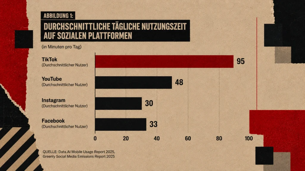 Balkendiagramm zeigt, dass junge Menschen in Österreich täglich neun Stunden am Bildschirm verbringen, deutlich über dem globalen Durchschnitt.