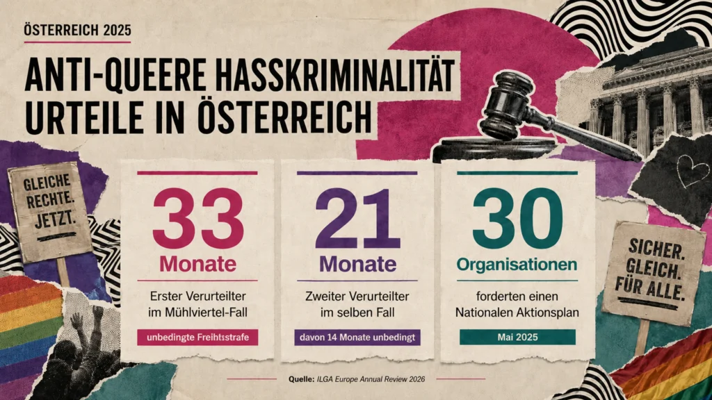 Infografik zu drei Eckzahlen zu LGBTIQ Hassverbrechen Urteilen in Österreich 2025 mit Bezug auf Mühlviertel Fall.