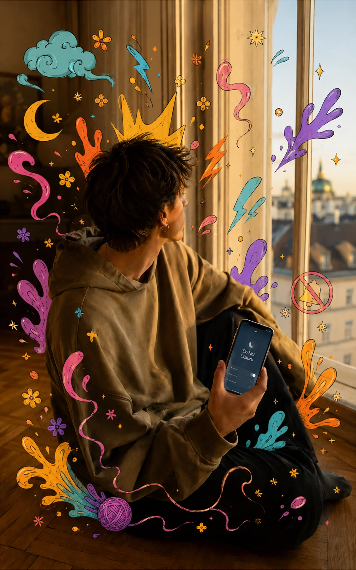 Junge Person sitzt am Boden einer hellen Altbauwohnung mit Smartphone im Do-Not-Disturb-Modus, Blick zum Fenster.