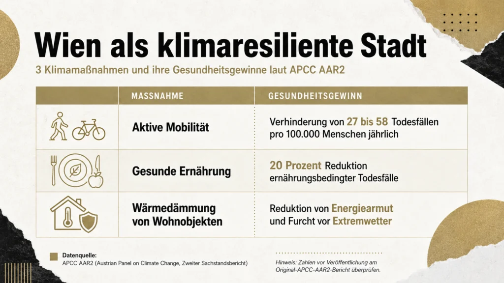 Infografik zeigt drei Wiener Klimamassnahmen mit Gesundheitsgewinnen laut APCC Sachstandsbericht 2024