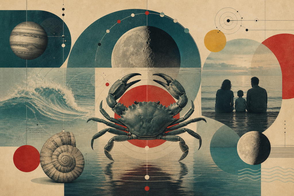 Collage für Krebs mit Krabbe, Mond, Wellen und zwei Personen am Wasser