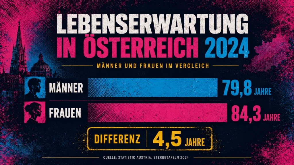 Infografik zeigt Lebenserwartung Männer 79,8 und Frauen 84,3 Jahre in Österreich nach Statistik Austria