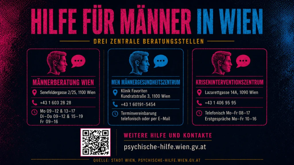 Übersicht der drei Wiener Beratungsstellen für Männer Männerberatung Wien MEN und Kriseninterventionszentrum