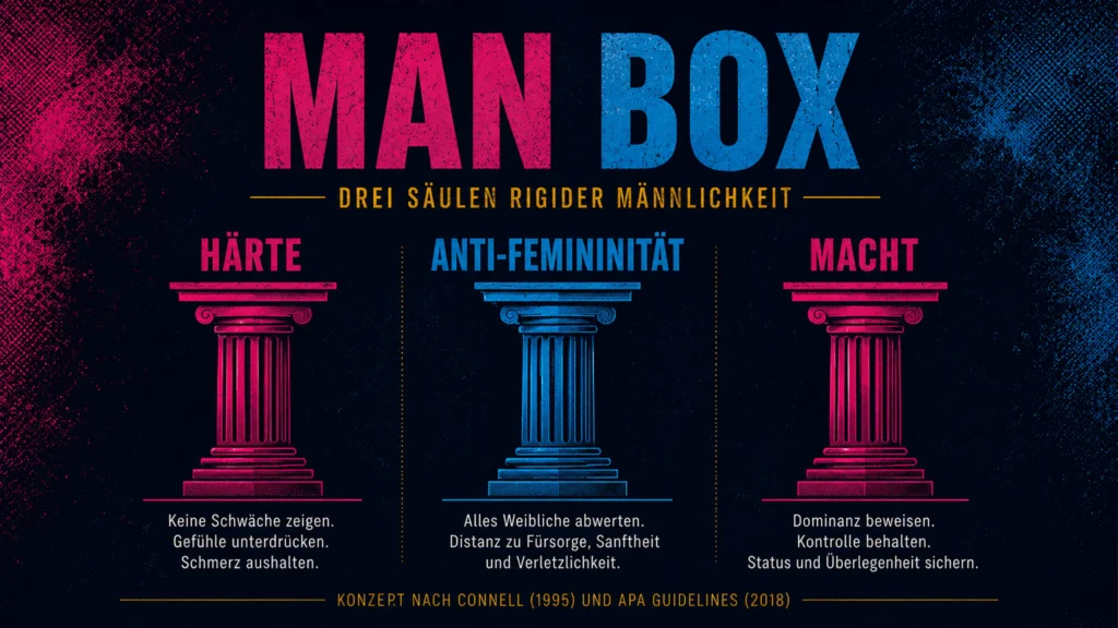 Visualisierung der Man Box mit Begriffen Härte, Anti-Femininität und Macht als drei Säulen toxischer Männlichkeit