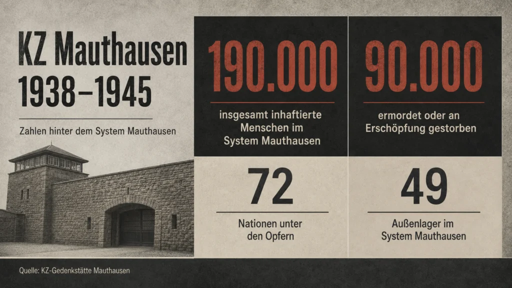 Infografik zu KZ Mauthausen 1938 bis 1945 mit 190000 Haeftlingen 90000 Toten und 72 Nationen Opfer