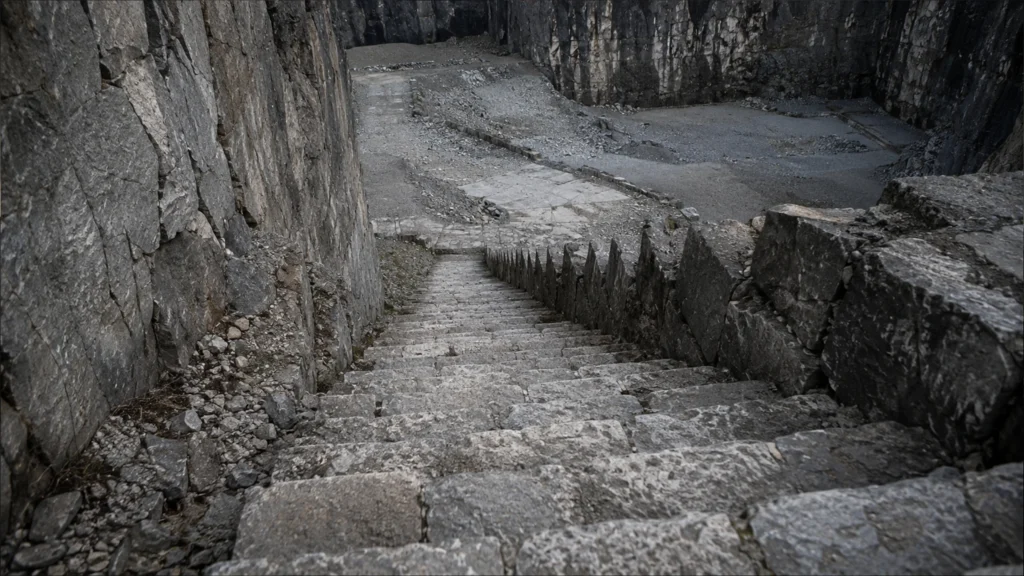 Treppe des Todes im Steinbruch der KZ-Gedenkstaette Mauthausen historisches Symbol fuer Vernichtung durch Arbeit