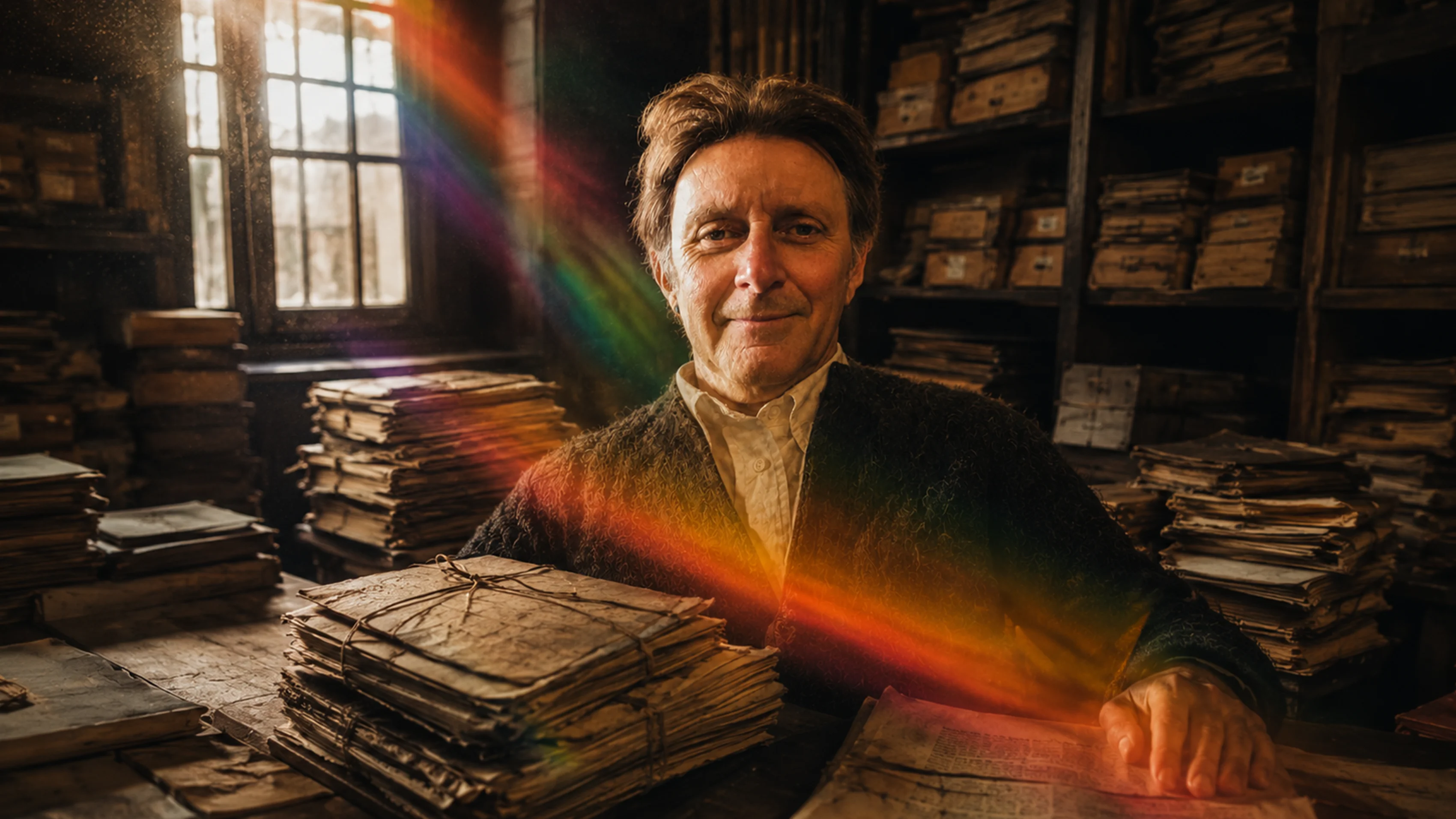 Historiker sitzt zwischen historischen Akten in einem Archiv, durchzogen von Regenbogenlicht