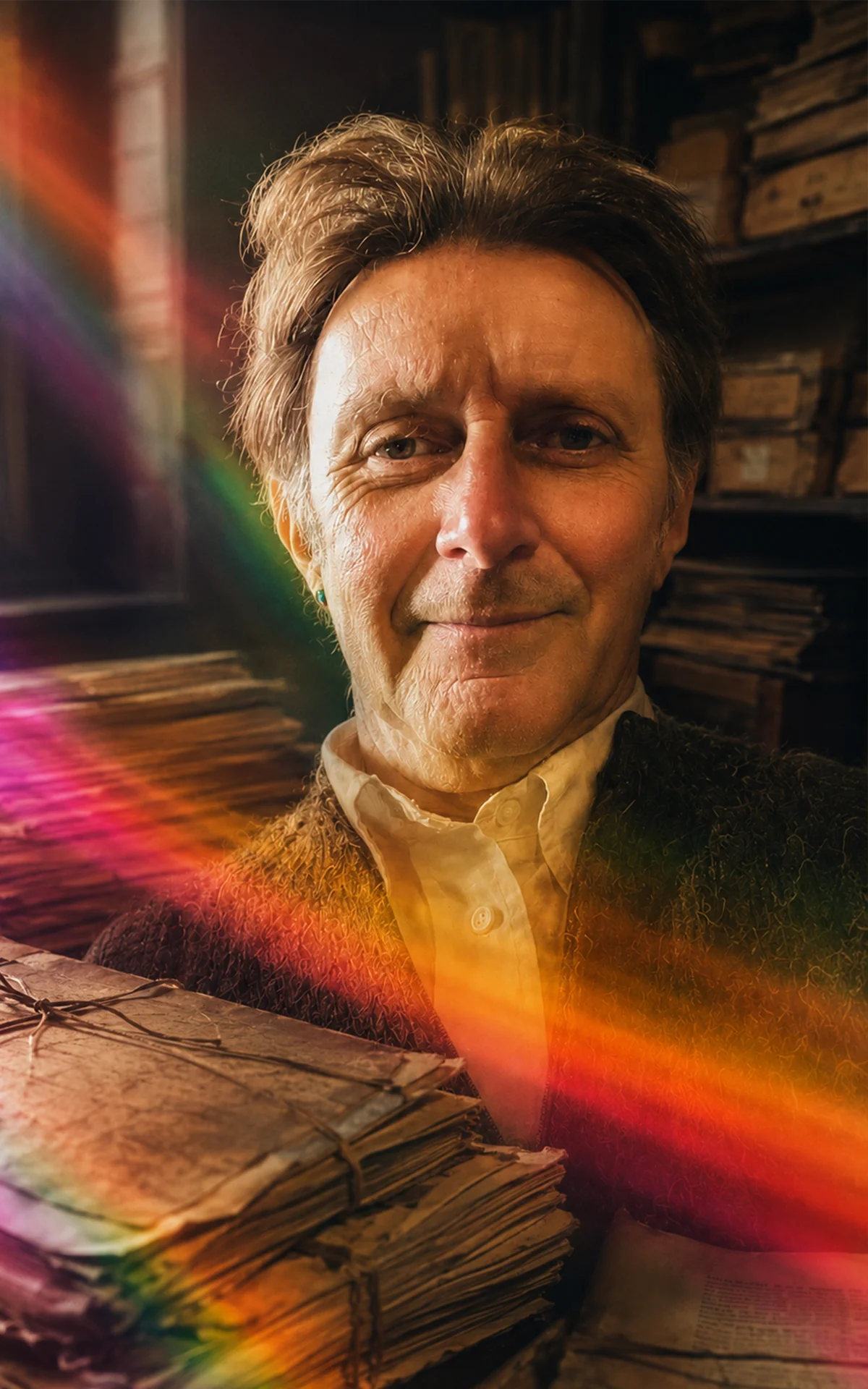 Porträt des Historikers Marco Reglia vor Regenbogenlicht, Experte für queere Geschichte und Paragraf 129