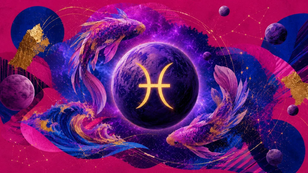 Kosmische Collage für Fische mit zwei Fischen, Planeten und leuchtendem Tierkreiszeichen
