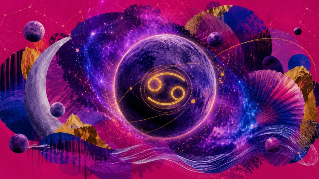 Kosmische Collage für Krebs mit Mondsicheln, Planeten und leuchtendem Tierkreiszeichen