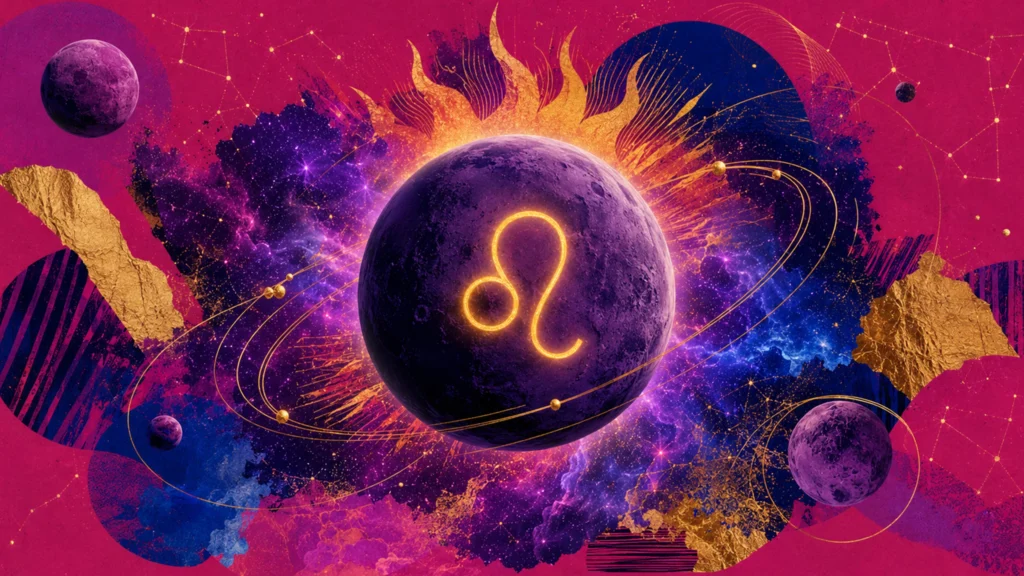 Kosmische Collage für Löwe mit Sonnenflammen, Planeten und leuchtendem Tierkreiszeichen