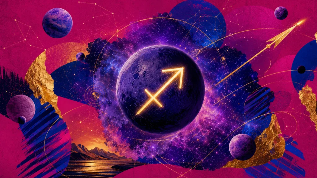 Kosmische Collage für Schütze mit Pfeil, Planeten und leuchtendem Tierkreiszeichen